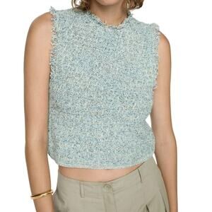 MNG Women's Tweed Top Fringe Hem Sleeveless Cropped Blue Size S NWT Office Siren